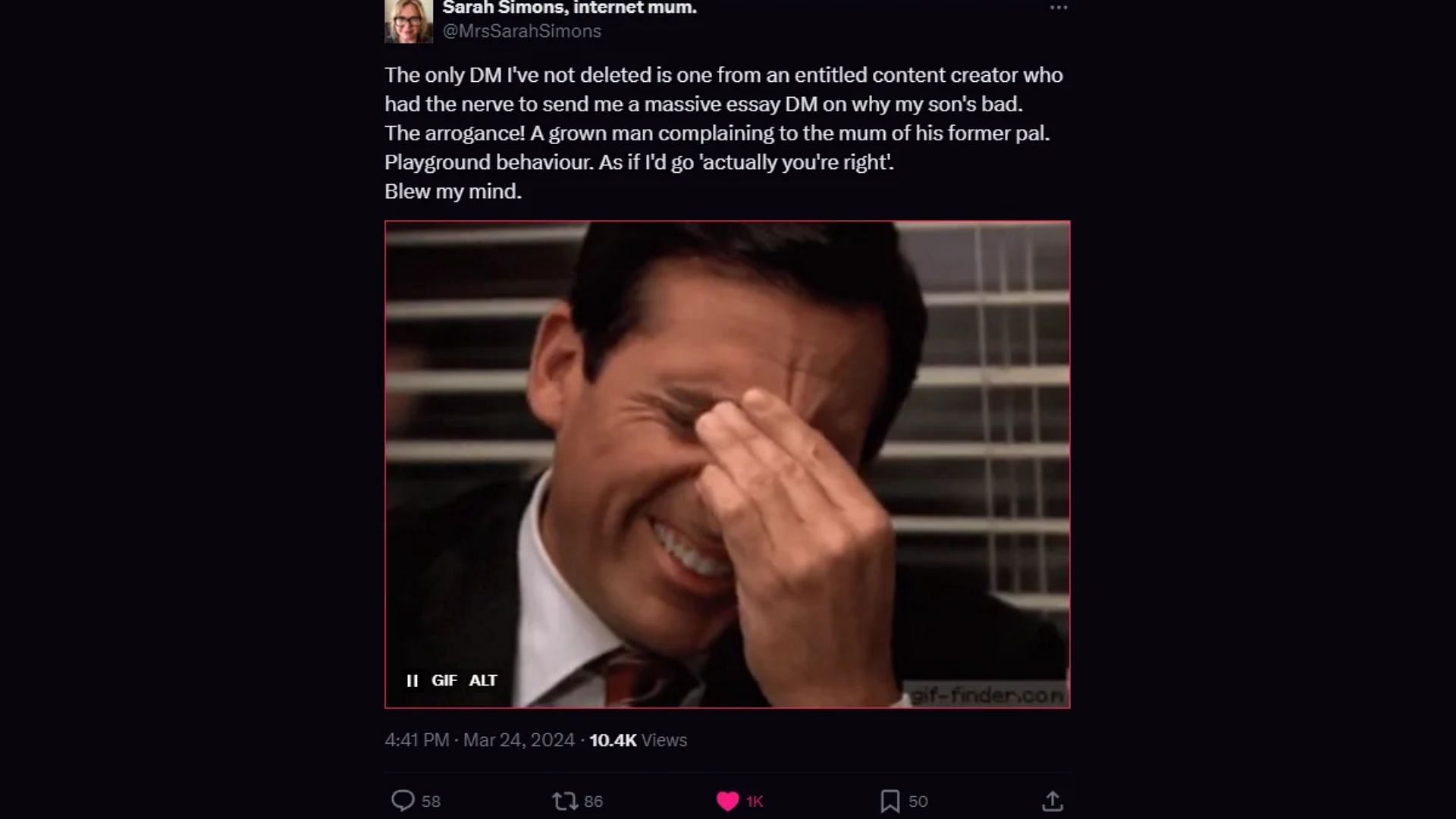 Post made on X by TommyInnit's mom disclosing that she received a DM from an "entitled content creator," who was later revealed to be Dream (Image via r/DreamWasTaken2/Reddit)